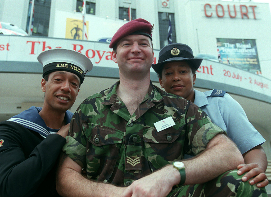 Three people of different nationalities in an army, sailoring and air force uniform