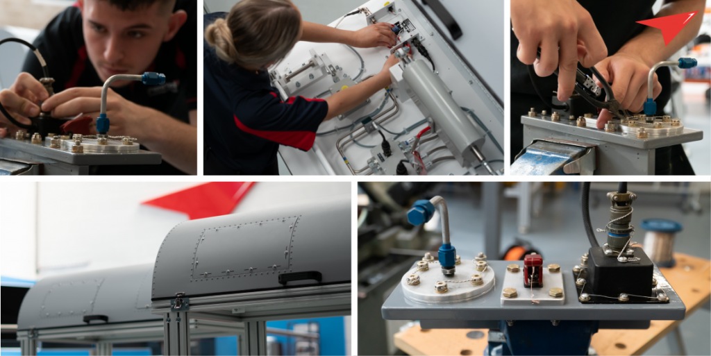 A collage of six images showcasing various stages of technical work on mechanical parts, including close-ups of hands using tools for precise assembly tasks