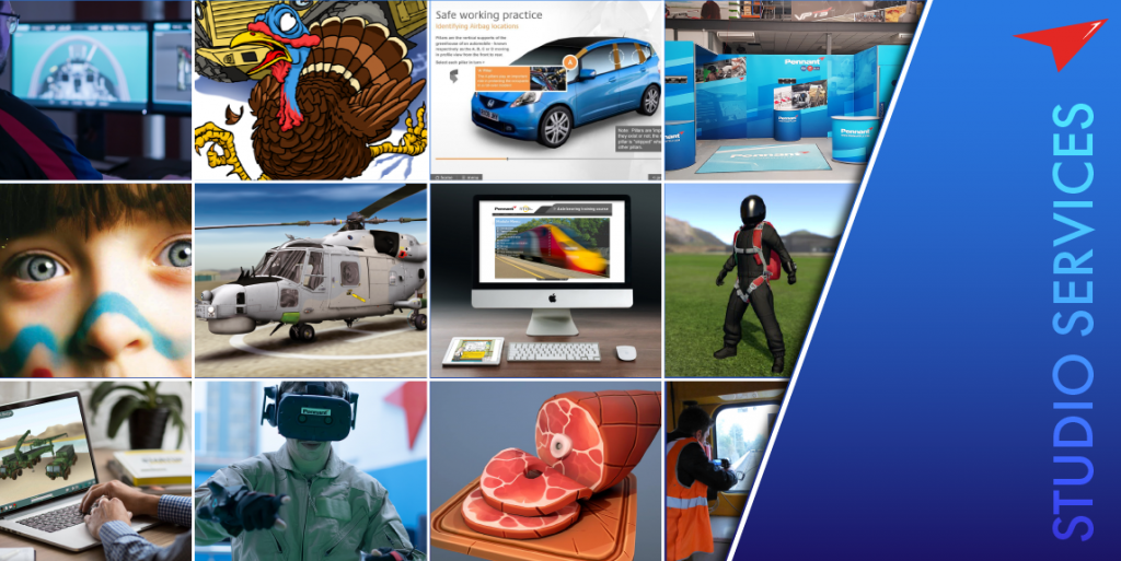 A collage of multiple images depicting various aspects of graphic design and studio services capability. The image captures computer based learning, exhibitions and the development of software