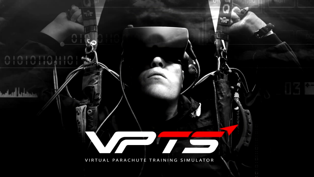 Certainly! Here’s the alt text for the image: “Promotional image for Virtual Parachute Training Simulator (VPTS) featuring a person in skydiving gear with goggles and a helmet, holding onto parachute handles against a digital backdrop with binary code and dashboard gauges.