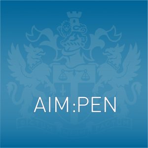 A blue image with the AIM crest on it. There are also the words "AIM:PEN"