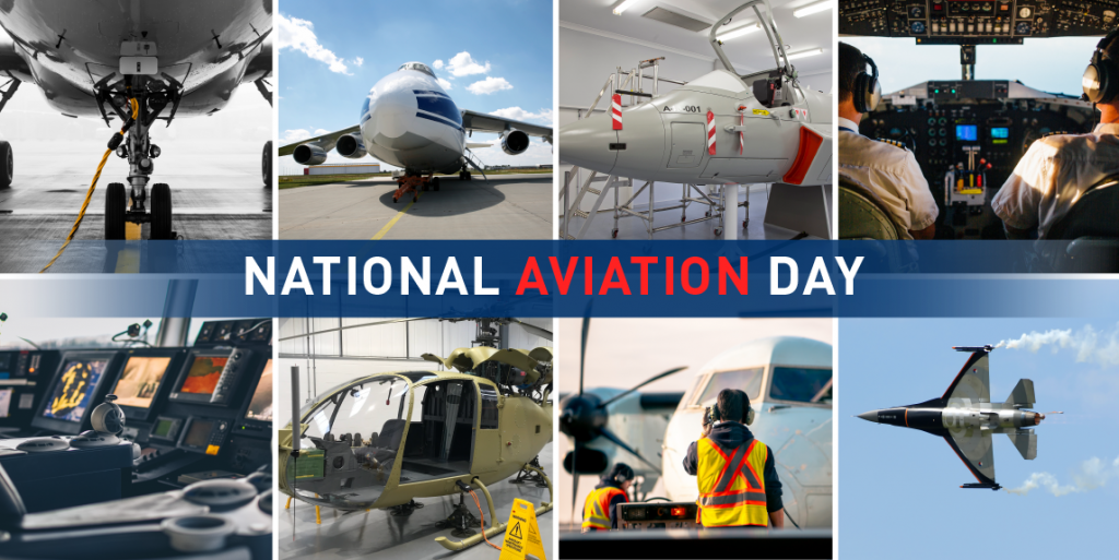 Collage of eight images celebrating National Aviation Day, featuring various aspects of aviation including close-ups of aircraft parts, a cockpit view, ground crew at work, and a jet in flight