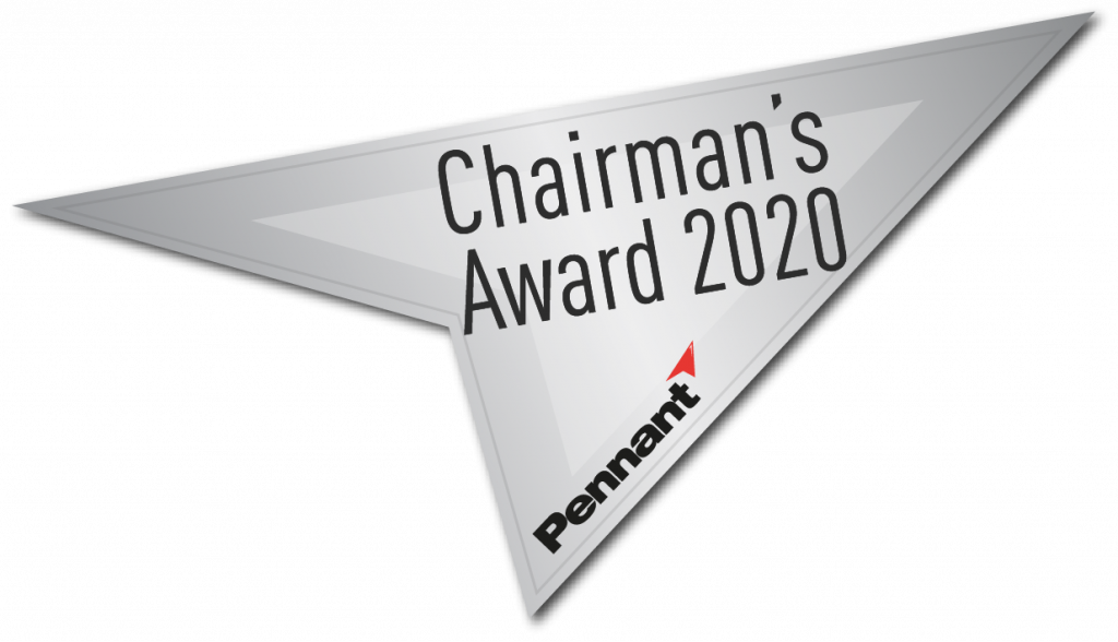 A silver shaped pennant with the words "Chairman's Award 2020" on