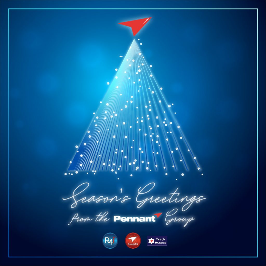 A graphic image featuring a stylized Christmas tree made of white light streaks converging to a bright red star on top, set against a deep blue background. Below the tree, the text “Season’s Greetings from the Pennant Group” is written in cursive white font.