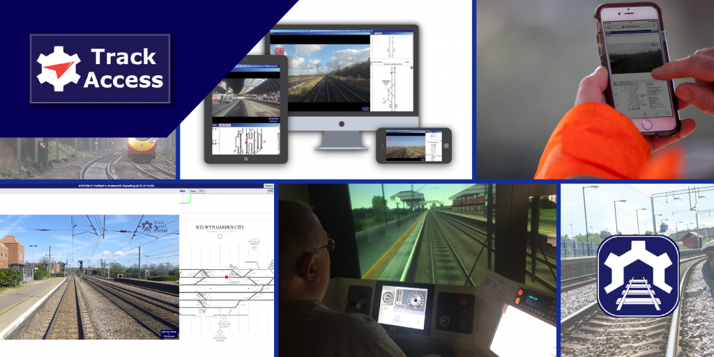 Collage image featuring the ‘Track Access’ logo with a railway track symbol, and various images related to railway maintenance and monitoring, including a worker using a mobile device, railway tracks from different perspectives, and technical drawings on digital devices.