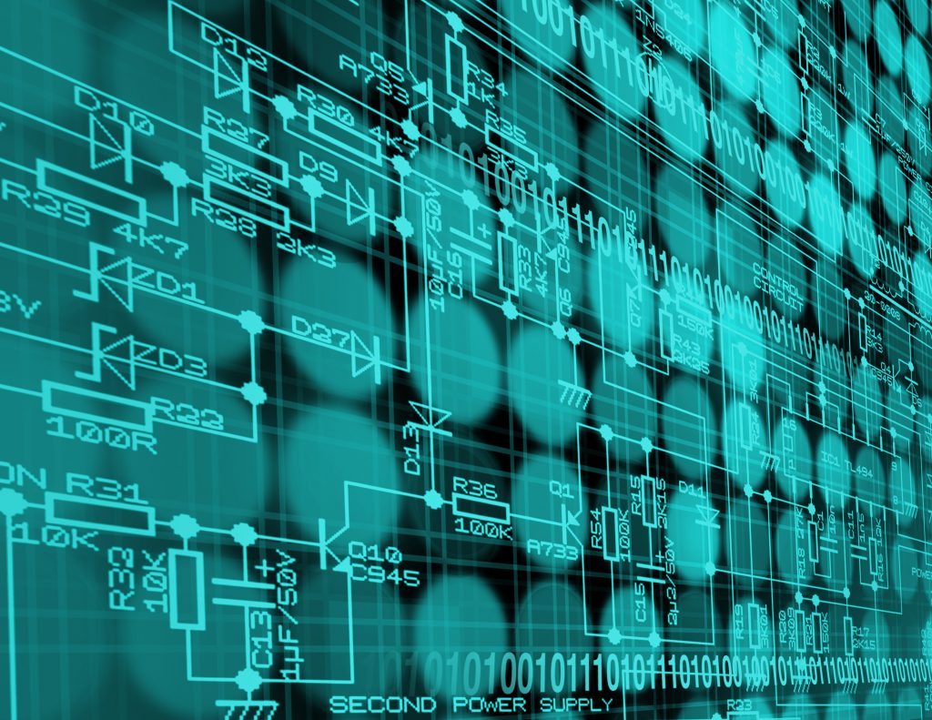 An abstract image featuring a blue-toned digital overlay of electronic circuit diagrams and binary code on a background that suggests a grid or panel, possibly representing data, technology, or cyber concepts.