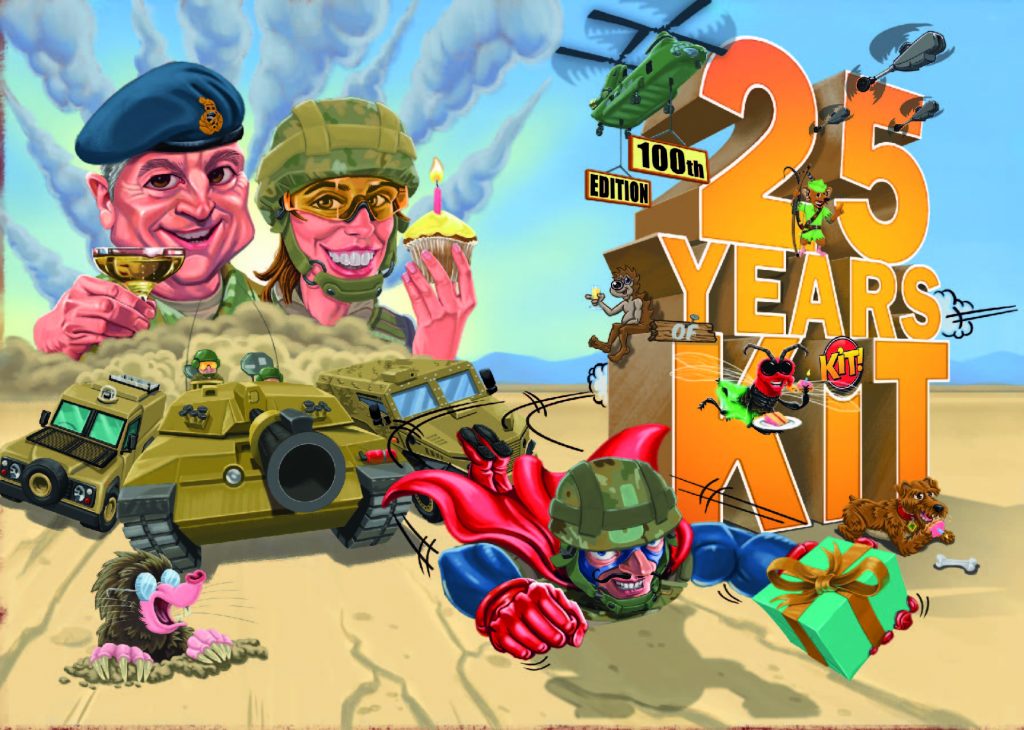 A graphically designed army image of tanks and people with the words 25 years of KIT.