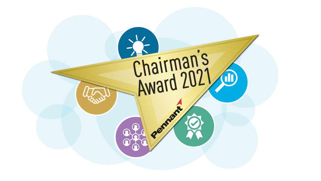 A gold 'pennant' flash with the words "Chairman's Award 2021" on them. This image is surrounded by five icons in multicoloured circles