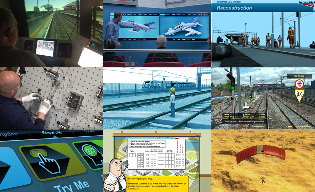 A collage of nine images depicting various aspects of railway and transportation technology. The images include simulations, control panels, track maintenance, and a parachute landing on a desert terrain: View from the front of a moving train: The image shows the perspective from the front of a train in motion on railway tracks. Men observing airplane models: Two men in suits are observing a digital screen displaying airplane models. Digital reconstruction of an outdoor train station: A simulated image of an outdoor train station with people walking around. Operator working on control equipment: An operator in a dark shirt is working on machinery or control equipment with screens in front of him. Maintenance by railway tracks: A person wearing high visibility clothing stands by railway tracks with trains and an overpass bridge in the background. Outdoor train station platform: An outdoor train station platform with overhead lines and a sign indicating a speed limit of ‘25’. Interactive display panel: A close-up view of an interactive display panel labeled “Show Me” and “Try Me,” with hand icons for touch interaction. Complex control panel or scheduling board: An overhead view of a complex control panel or scheduling board showing various buttons, screens, and labels. Parachute landing in the desert: An aerial view of a red parachute descending onto sandy desert terrain.