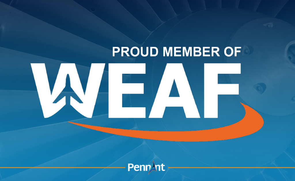 A blue gradient background with the WEAF company logo in dark blue and orange on top